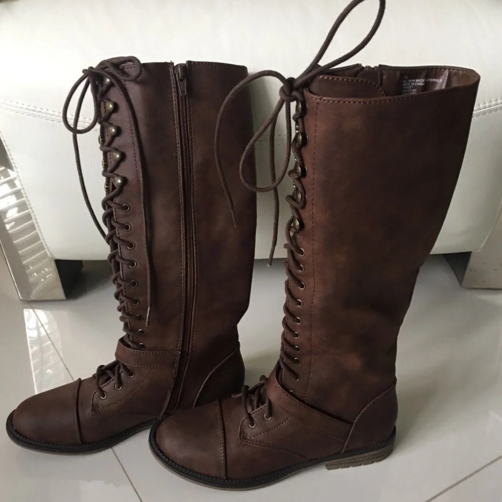 BROWN COMBAT LACE UP/Side Zipper KNEE HIGH BOOTS